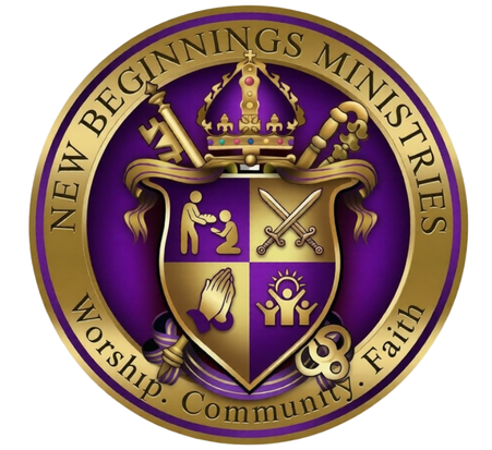 Purple and gold church crest with crown, shield, and the words Worship, Community, Faith